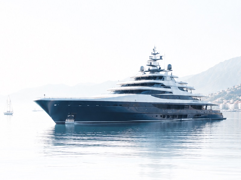 A large motor yacht at anchor in a calm Mediterranean bay